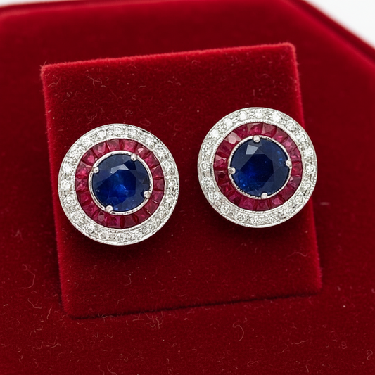 Diamond Ruby and Sapphire 18K White Gold Earrings