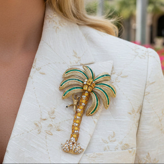 Italian Modern 1980's 18K Yellow God 15.00 cttw Yellow Sapphire, Emerald and Diamond Monkey on Palm Tree Brooch