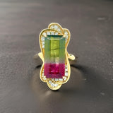 Estate Italian Designer Arezzo 13.26 ct Watermelon Tourmaline Diamond Custom 18K Yellow Gold Ring 14787