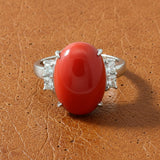 Natural Coral and Diamond Platinum Ring