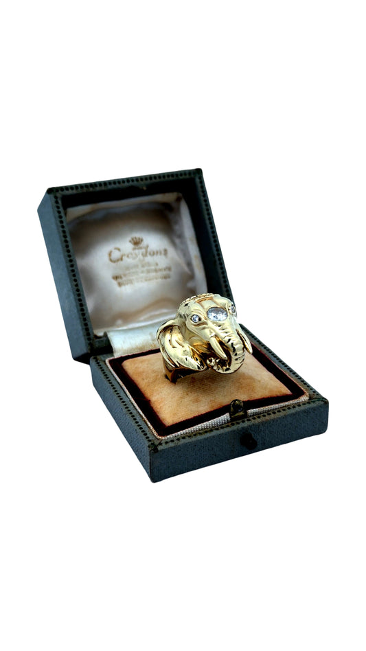 Estate Elephant Diamond "Good Fortune" 14K Yellow Gold Ring 15670