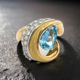 Estate Custom Italian Designer  Aquamarine Diamond Platinum 18K Yellow Gold Ring 14789