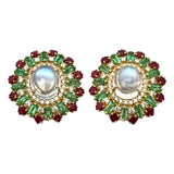 Moonstone, Ruby, Emerald and Diamond 18k Yellow Gold Earrings
