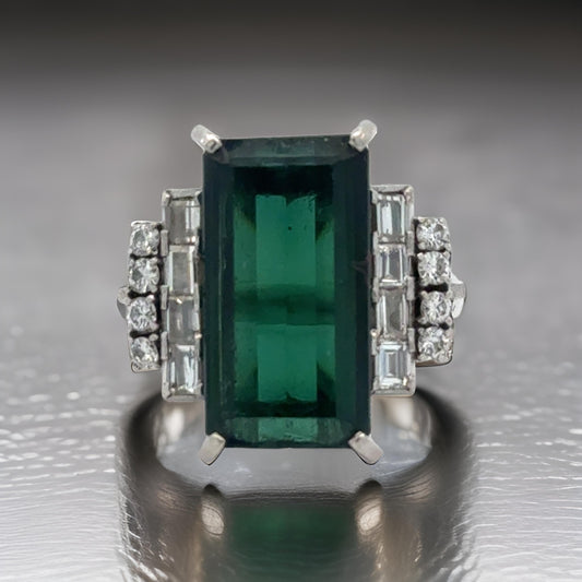 Estate 5.80 ct Green Tourmaline Diamond Platinum Ring 15538