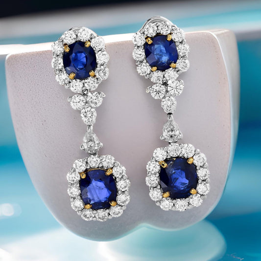 Estate 6.21 cttw No Heat Burma Sapphire (GIA) 4.23 cttw Diamond 18K TT Dangle Earrings 15542