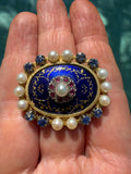 Victorian Revival Cobalt Blue Enamel, Pearl, Pink and Blue Sapphire 18K Yellow Gold Brooch