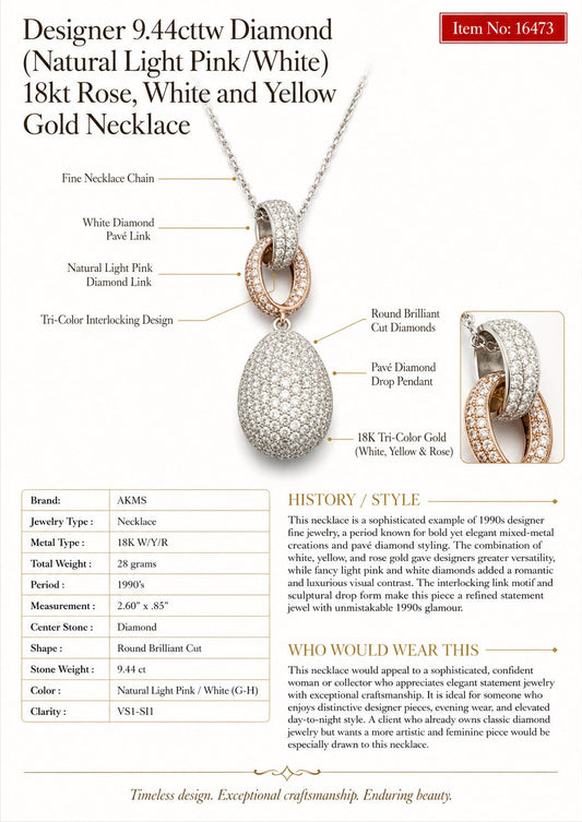 Designer 9.44cttw Diamond (Natural Light Pink/White) 18kt Rose, White and Yellow Gold Necklace