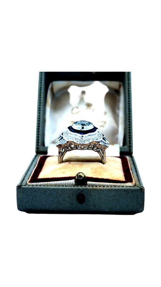 Estate Art Deco Reproduction French Cut Sapphire Diamond Aqua Ring 15655