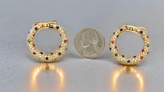 Estate In "The Style Of Cartier" Diamond Emerald Sapphire Ruby 18K Yellow Gold Earrings 15009