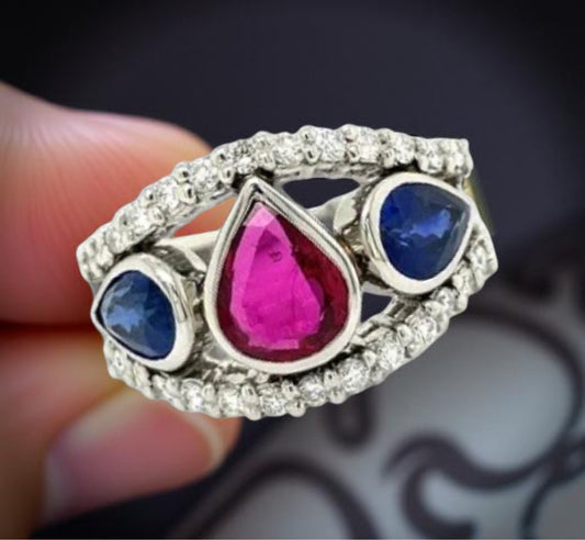 Estate Blue Sapphire Ruby Platinum Diamond Ring 13122
