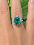 Mid Century Modern Colombia Emerald and Diamond Platinum Ring