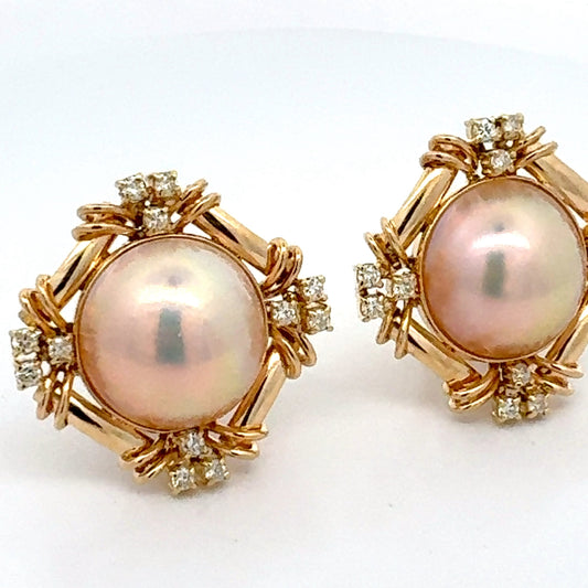 California Estate Mabe Pearl Diamond Yellow Gold Earrings 14580