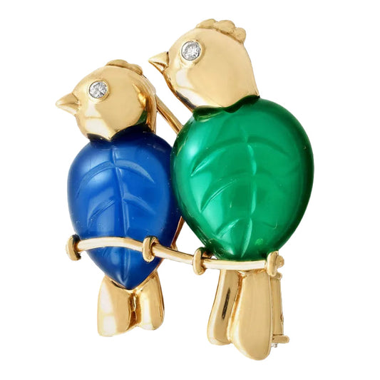Cartier Paris 1989 Revival Love Birds Diamond and Chalcedony 18K Yellow Gold Pendant/Brooch