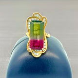 Estate Italian Designer Arezzo 13.26 ct Watermelon Tourmaline Diamond Custom 18K Yellow Gold Ring 14787