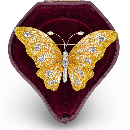 Butterfly Natural Fancy Yellow and White Diamond 18Kt Yellow and White Gold Brooch