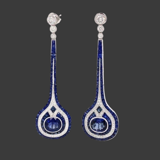 Art Deco Reproduction Aristocrat Sapphire 11.70 cttw 112 Diamond 1 cttw Dangle Earrings 18K PD 13.24 g 10990