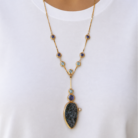 Estate Designer Lee Philips Black Opal, Aquamarine, Iolite 14K Yellow Gold Necklace