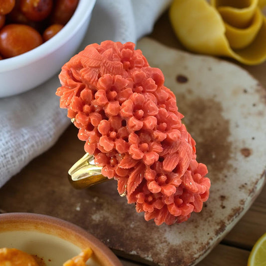 Natural Carved Coral and 14K Yellow Gold Italian Ring