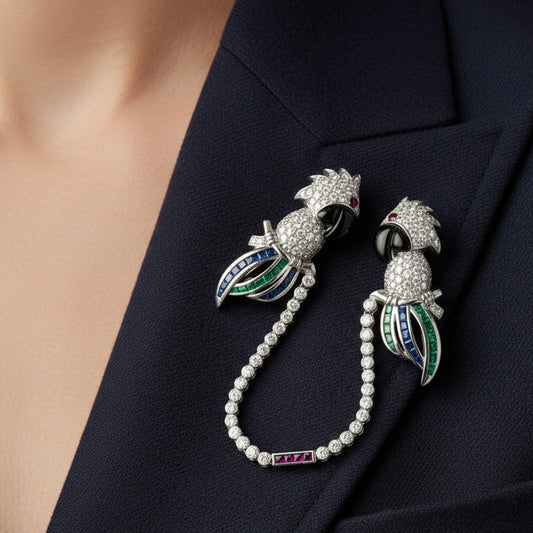Tutti Frutti Influence Double Clip (Duette) Diamond, Onyx, Emerald, Sapphire, Ruby 18K White Gold Parrott Brooch