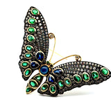 Estate Sapphire Emerald Diamond 14K Yellow Gold Silver Top Butterfly Brooch/Pendant 15337