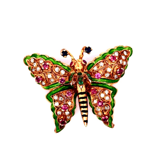 Estate Butterfly Enamel, Ruby, Diamond Sapphire Brooch/Pendant 15336