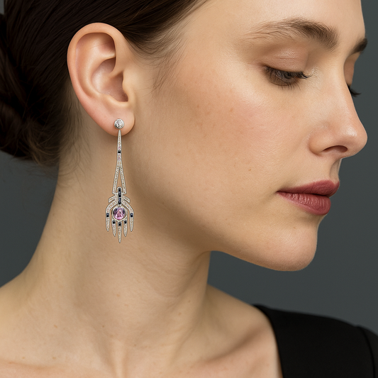 Aristocrat Art Deco Style Diamond, Pink and Blue Sapphire and 18K White Gold Dangle Earrings