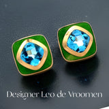 Estate High End Designer Leo de Vroomen 8.50 cttw Aquamarine & Green Enamel Earrings  15555