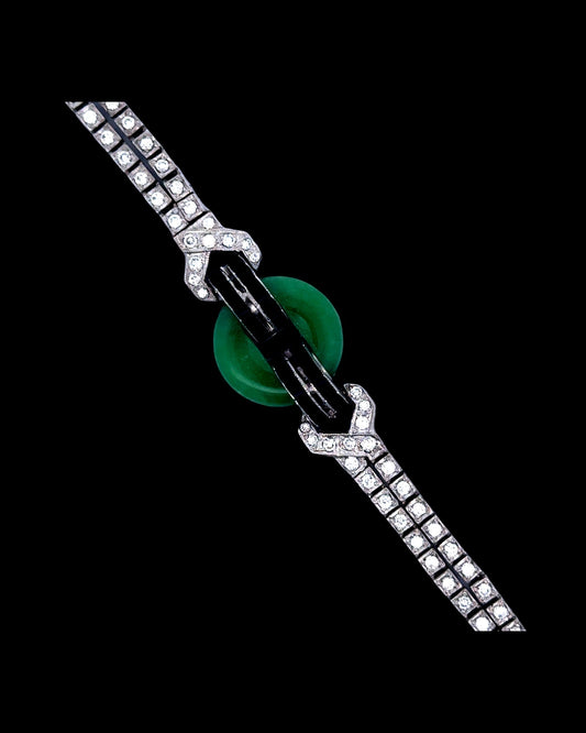 Estate Art Deco Jadeite Diamond Onyx Platinum Bracelet 15469