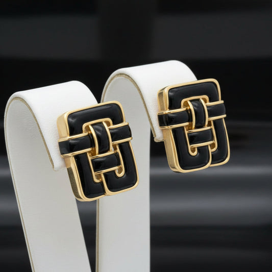 Designer Angela Cummings Black Enamel and 18Kt Yellow Gold Weave Earrings