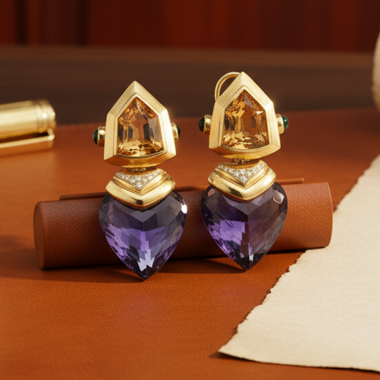 Personal Estate Of Hollywood Actress Diane Ladd 40 cttw Amethsyt 20 cttw Citrine and Diamond 18K YG Earrings 15299