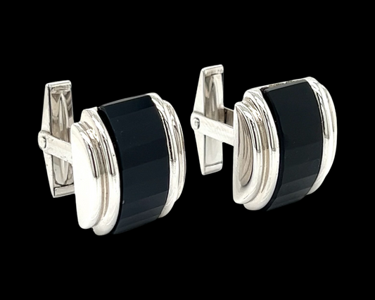 New Designer Colbri Faceted Onyx 14K White Gold Cuff Links 13772