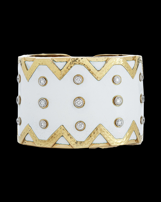 MDJ Curator Collection Estate David Webb 18KY/Platinum Diamond White Enamel Princess Lilian Cuff Bangle 12583 David Webb Hammered 18KY/Platinum White Enamel Rickrack Cuff Bracelet With 27 Round Collet