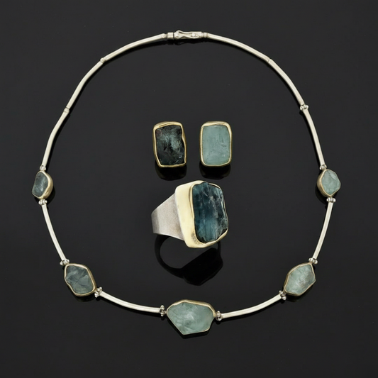 Modern Designer Rough Cut Aquamarine, Silver & 18kt Yellow Gold Set