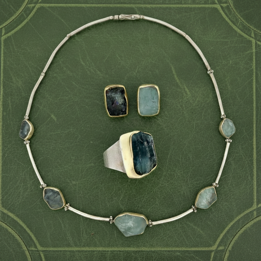 Modern Designer Rough Cut Aquamarine, Silver & 18kt Yellow Gold Set