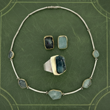 Modern Designer Rough Cut Aquamarine, Silver & 18kt Yellow Gold Set