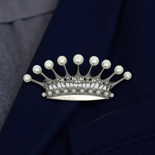 Designer Mikimoto Cultured Pearl and Platinum Crown Brooch