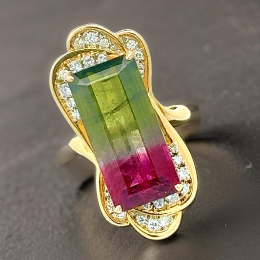 Estate Italian Designer Arezzo 13.26 ct Watermelon Tourmaline Diamond Custom 18K Yellow Gold Ring 14787