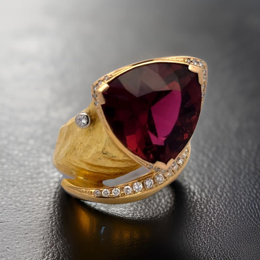 Estate Custom Made 14.85 ct Rubellite Tourmaline Diamond 18K Yellow Gold Ring 15253