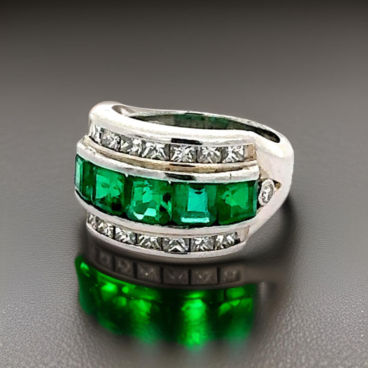 Estate Fine Emerald 2.10 cttw Diamond Platinum 3 Row Band 14801