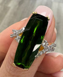 Estate Designer Elognated Cut 7.15 ct Green Tourmaline Diamond 18K Yellow Gold Ring 14774