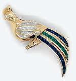 Estate Bird Diamond Sapphire Emerald Brooch 13290