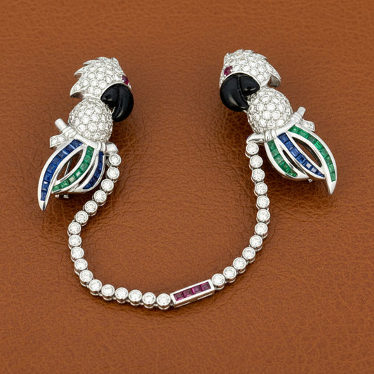 Tutti Frutti Influence Double Clip (Duette) Diamond, Onyx, Emerald, Sapphire, Ruby 18K White Gold Parrott Brooch