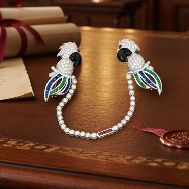 Tutti Frutti Influence Double Clip (Duette) Diamond, Onyx, Emerald, Sapphire, Ruby 18K White Gold Parrott Brooch