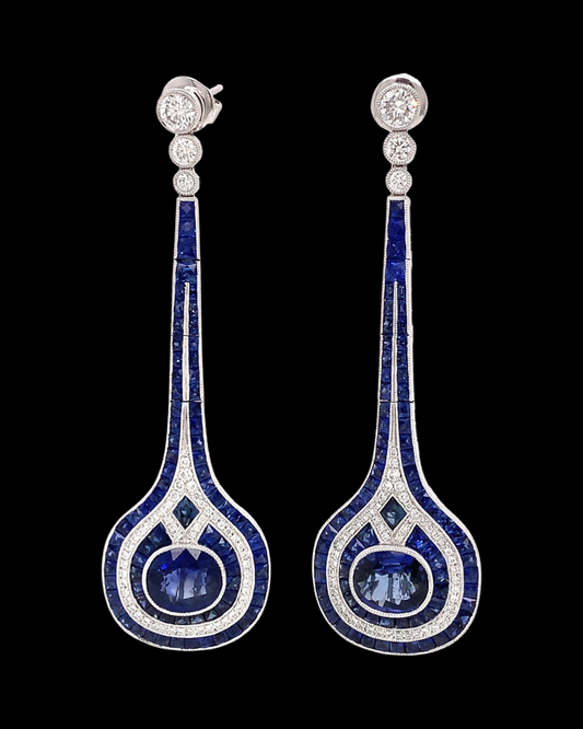 Art Deco Reproduction Aristocrat Diamond and Sapphire Dangle Earrings 10991