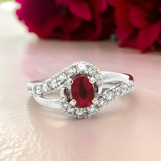 14K White Gold Genuine Ruby and Diamond Ring 14847