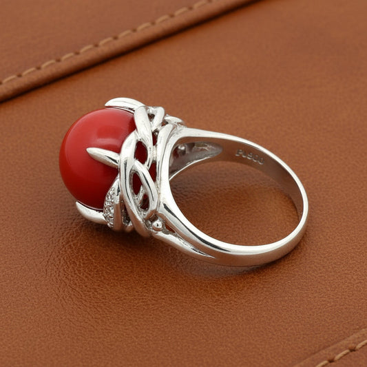 Natural Coral and Diamond Platinum Ring