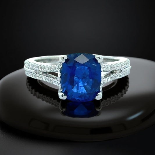 Fine Cushion Cut Sapphire and Diamond 18K White Gold Ring