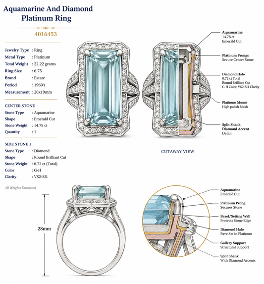 Estate Aquamarine and Diamond Platinum Ring