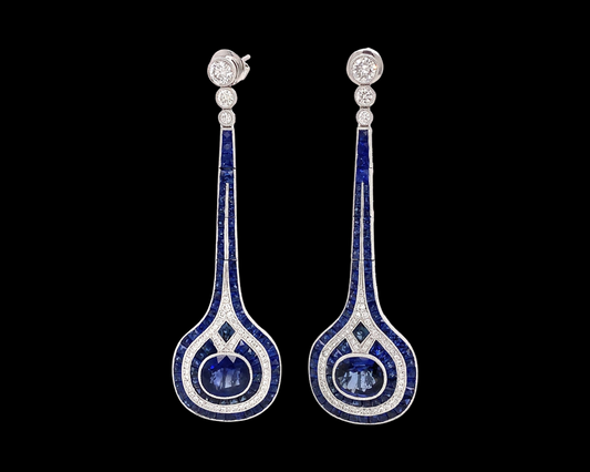 Art Deco Reproduction Aristocrat Sapphire 11.70 cttw 112 Diamond 1 cttw Dangle Earrings 18K PD 13.24 g 10990