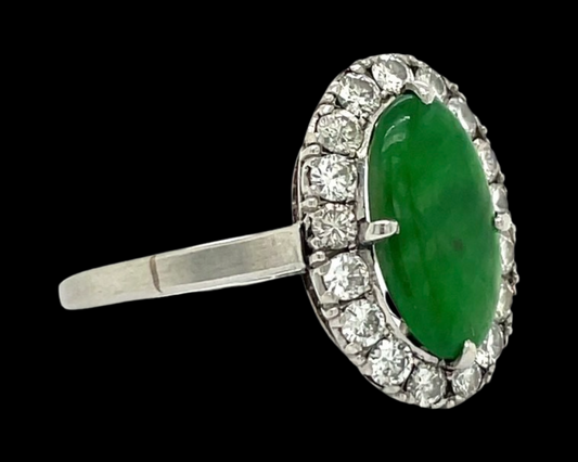 Estate Natural Jade Diamond Platinum Halo Ring 13123